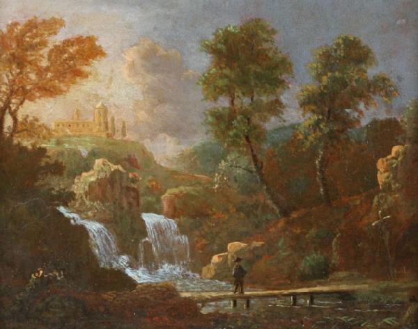 Willem van Bemmel Landschap figuur op een brug bij een waterval oil painting picture